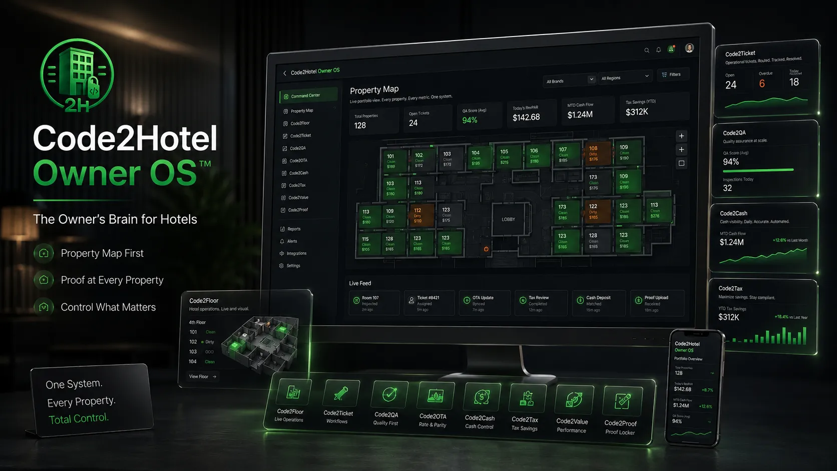 Code2Hotel hero showcase with property map and owner dashboard